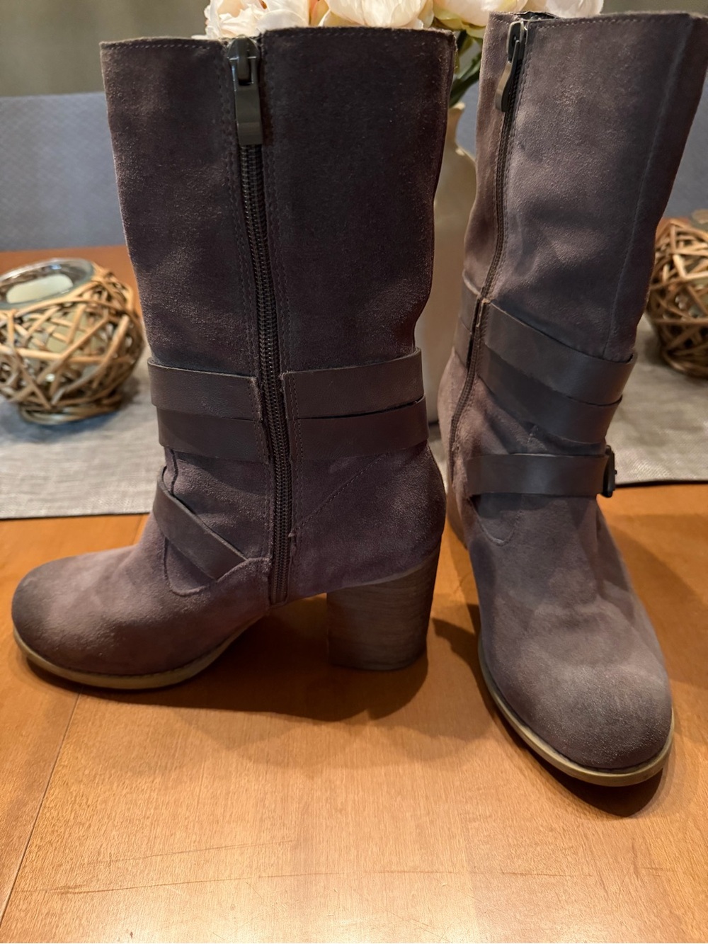 Sbicca Taupe Suede Mid-Calf Block Heel Boots